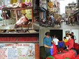 2 2 Butcher And Kathmandu Street Scene, Reviewing Trekking Equipment I returned to the entrance to Boudhanath, and looked at the chaotic street scene, which even had a butcher's shop right on the street. I once again went to Thamel to savor the smells and sounds of this tourist ghetto. I ate a late lunch at the famous Everest Steak House; a meal of steak, French Fries and a cold beer � delicious. I returned to the Everest Hotel for our pre-trek briefing, where our Nepalese trekking guide Kumar showed us our duffel bags, sleeping bags, and down jackets, He demonstrated our portable altitude chamber to show us what we�d have to do if one of us suffered extreme altitude sickness.